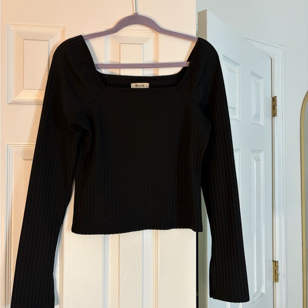 Madewell Black Ribbed Square Neck Long Sleeve Top